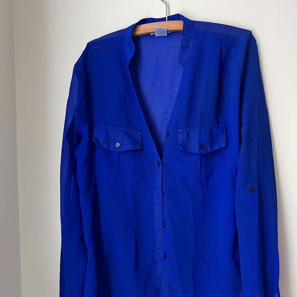 Blue Long Sleeve Sheer Button Up